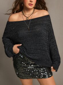 Freevana Plus Size Korean Style Gold & Silver Metallic Thread Long Sleeve Fashion Pullover Sweater - Grey - View 4