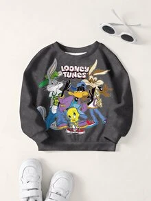 LOONEY TUNES X SHEIN Young Boy Letter Cartoon Print Crew Neck Long Sleeve Casual Sweatshirt - White - View 1