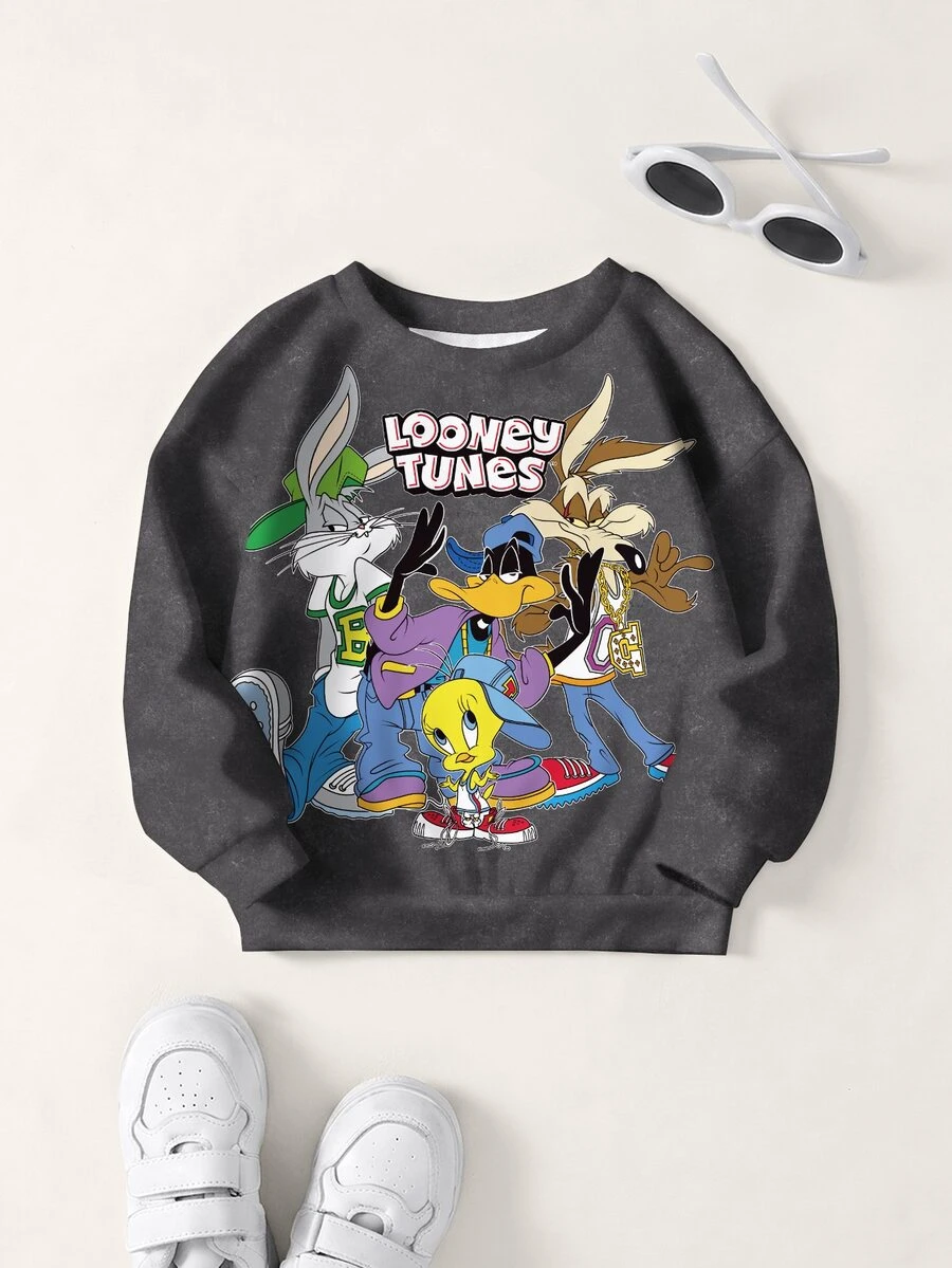 LOONEY TUNES X SHEIN Young Boy Letter Cartoon Print Crew Neck Long Sleeve Casual Sweatshirt - White - View 1