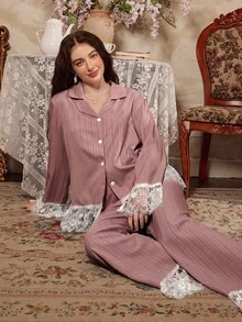 Côtesoire Set Piyama Wanita Motif Renda Patchwork Romantis Elegan Prancis - Plum Brown - View 5