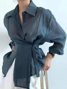 DAZY Kemeja Lengan Panjang Kancing Depan Kasual Semi-Transparan Wanita - Dusty Blue - View 1