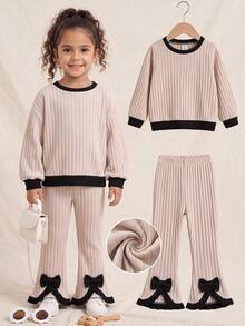 SHEIN Cute Girl Knitted Casual Colorblock Long Sleeve T-Shirt And Elastic Waist Flared Pants Set - Beige - View 1