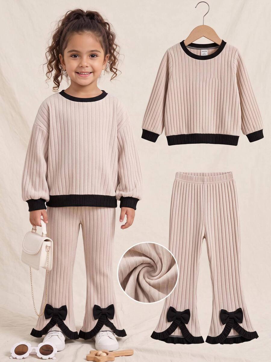 SHEIN Cute Girl Knitted Casual Colorblock Long Sleeve T-Shirt And Elastic Waist Flared Pants Set - Beige - View 1