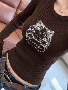 DAZY 女款貓咪圖案休閒日常長袖T恤 - 咖啡棕 - 查看 3