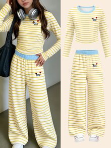 Tween Girls Long Sleeve T-Shirt & Wide Leg Pants Set Stripe Heart Embroidery Yellow Blue Fall Outfit 1 Set - Multicolor - View 3