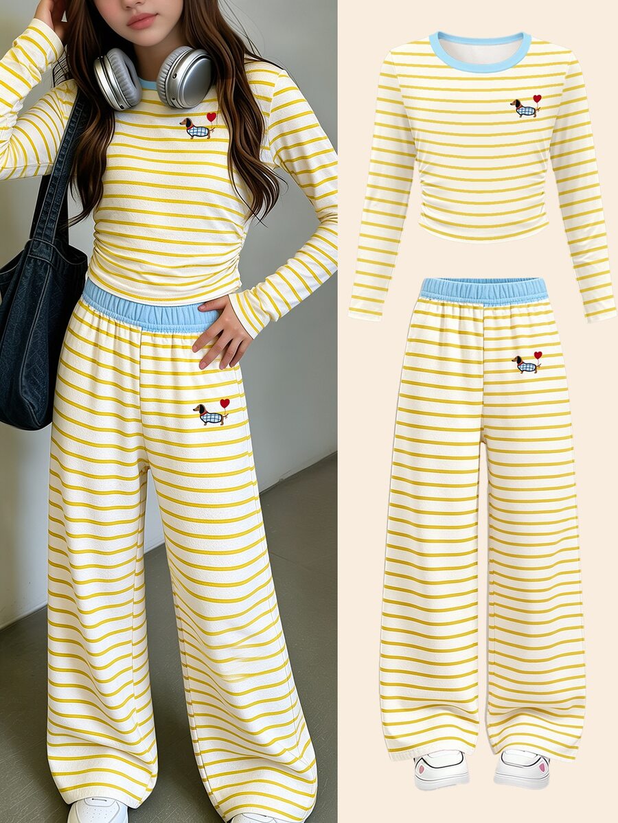 Tween Girls Long Sleeve T-Shirt & Wide Leg Pants Set Stripe Heart Embroidery Yellow Blue Fall Outfit 1 Set - Multicolor - View 1