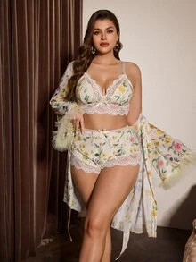 Slumberist 3pcs Lace Patchwork Sexy Camisole Shorts + 3D Floral Wide Sleeve Mesh Plus Size Printed Robe Set - Multicolor - View 7