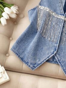 SHEIN MOD Atasan Denim Kasual Serbaguna Wanita Ukuran Plus dengan Desain Rumbai dan Leher V - Light Wash - View 3