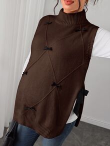 Momance Maternity Sweater Vest, Loose Fit, Small High Neck With Bowknot Accessory, Split Hem Design, Casual Daily Wear, Round Neck Pullover Knit Vest - Brown - View 5