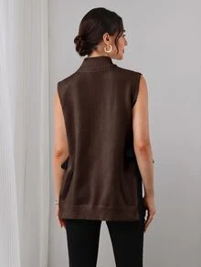 Momance Maternity Sweater Vest, Loose Fit, Small High Neck With Bowknot Accessory, Split Hem Design, Casual Daily Wear, Round Neck Pullover Knit Vest - Brown - View 2