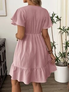 SHEIN 女款夏季中長版V領杏色荷葉袖百褶孕婦洋裝 - Rose Clay - 查看 2
