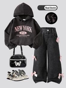 SHEIN Sparklyn Girls 2 Pieces Set, Spring/Autumn Letter Print Long Sleeve Hooded Sweatshirt + Bow Decor Washed Denim Jeans, Casual Children's Outfit, Sweet & Cool Street Style Kids Wear, Suitable For Daily Outings - Grey - View 1