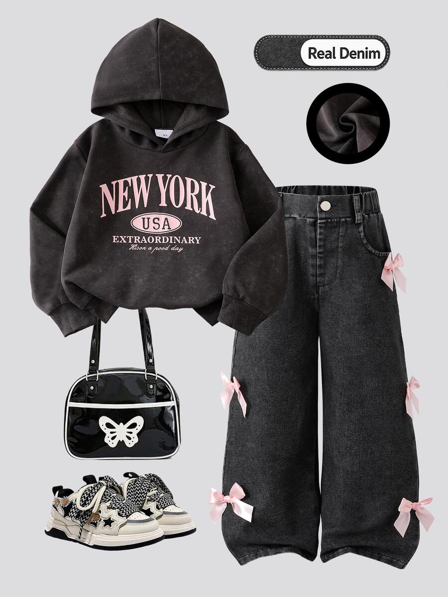 SHEIN Sparklyn Girls 2 Pieces Set, Spring/Autumn Letter Print Long Sleeve Hooded Sweatshirt + Bow Decor Washed Denim Jeans, Casual Children's Outfit, Sweet & Cool Street Style Kids Wear, Suitable For Daily Outings - Grey - View 1