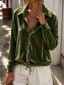 Holdful Holdful Women's Solid Color Single-Breasted Casual Daily Wear Shirt - Dark Green - View 5