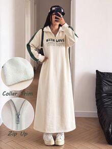 Mulvari Eggshell-Colored Collar Half-Zip Green Lettered Fleece Color-Block Long-Sleeved Casual Dress Fall/Winter - Apricot - View 2