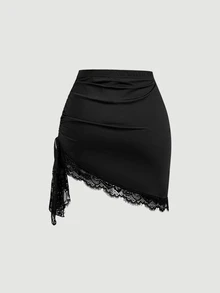 SHEIN MOD Plus Size Sexy Lace Patchwork Asymmetrical Hem Mini Skirt - Black - View 3