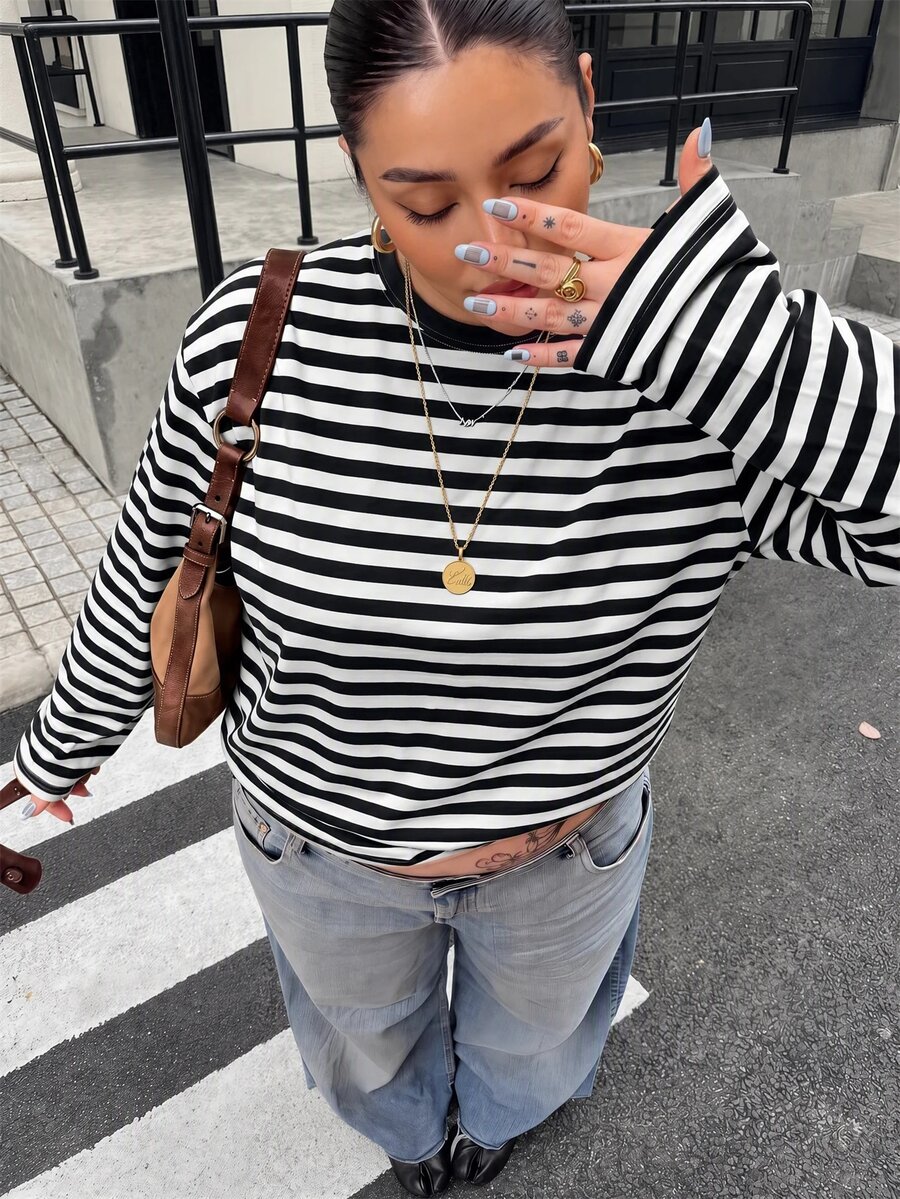 Muchica Plus Size Women's Striped Round Neck Long Sleeve Casual Versatile T-Shirt Fall - Black - View 1