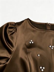 Yasmyna Women Spring Fall Winter Elegant Slim Fit Modest Dark Brown Satin Round Neck Beaded Rhinestone Long Sleeve Fitted Waist Flowy MaxiDressForBanquetParty - Coffee Brown - View 13