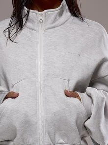Musera Sport Träningsjacka i fleece med trattkrage och dragkedja, endast jacka, sportig matchande set, aktiv träning, gym, pilates, fitness - Grå - Visa 5