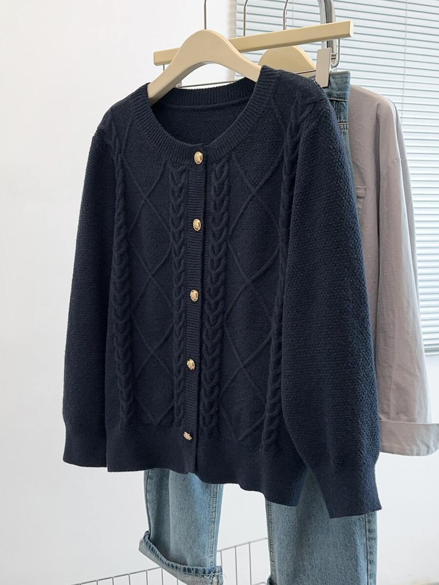 GlowEve CURVE Plus Size Women's Diamond Lattice Pattern Rope Detail Fashion Casual Elegant Pullover Knit Sweater Cardigan Solid Color Long Sleeve Button-Up Winter - Royal Blue - View 1