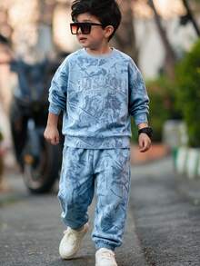 Boys' Autumn/Winter Long Sleeve Cuffed Pants 2 Pieces Set & Crew Neck Top With BOSTON 3D Embossed Lettering And Matching Tapered Pants With Subtle Pattern, Creating A Perfect Coordinated Look & A Low-Key Outdoor Casual Outfit For Boys - Multicolor - View 1