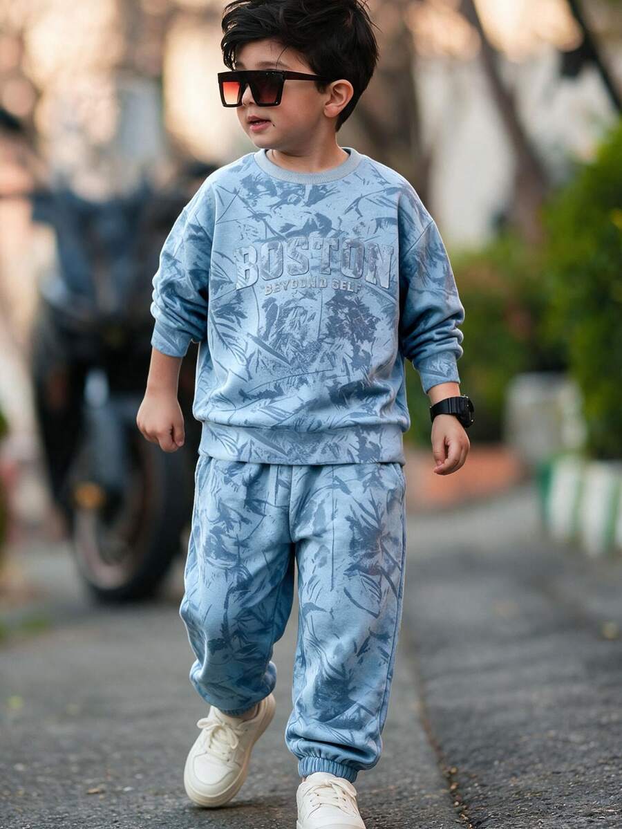 Boys' Autumn/Winter Long Sleeve Cuffed Pants 2 Pieces Set & Crew Neck Top With BOSTON 3D Embossed Lettering And Matching Tapered Pants With Subtle Pattern, Creating A Perfect Coordinated Look & A Low-Key Outdoor Casual Outfit For Boys - Multicolor - View 1