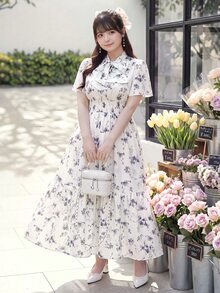 Bijouette 大尺碼女款春夏碎花抽繩蝴蝶結裝飾喇叭裙，收腰修身百搭長洋裝 - 藍色 - 查看 4