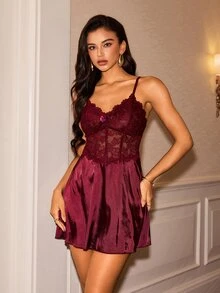 Slumberist Women's Sexy Lace Patchwork Backless Cami Nightgown And Robe Set - Maroon - View 4