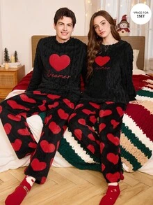 CoupledUp Women's Thick Plush Twisted Knit Heart & Letter Embroidered Long Sleeve Top And Heart Print Long Pants Pajama Set - Black - View 3