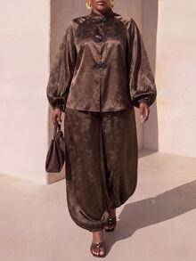 Zivah Plus Size Chinese Style Frog Button Lantern Sleeve Top + Jacquard Lantern Pants 2 Pieces Set, Loose Fit For Holiday And Commute - Brown - View 3