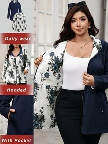 SHEIN Clasi Plus Size Women's Reversible Long Sleeve Zip-Up Drawstring Hooded Jacket - Navy Blue - View 6