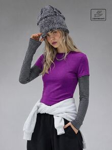 COUREZ 雙層長袖運動上衣 / Y2K風格長袖上衣 / 外出上衣 / 女款上衣 / 冬季女裝 / 女款性感可愛上衣 - 紫色 - 查看 3