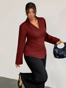 Firerie 大尺碼女款純色百褶休閒通勤教師節西裝外套 優雅辦公正式商務工作套裝 秋季外出穿搭 酒紅色 - 酒紅色 - 查看 4