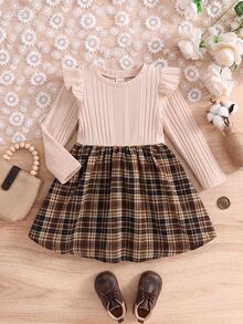 SHEIN Baby Girl Patchwork Plaid Hem Round Neck Long Sleeve Cute Dress - Khaki - View 6