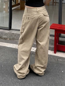 DAZY 純色寬鬆工裝褲休閒街頭風夏季女款牛仔褲 - 卡其色 - 查看 4