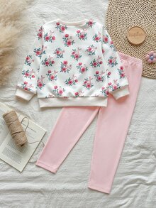 SHEIN 2件組幼女運動衫慢跑褲套裝，可愛甜美粉色白色兔兔花卉羅紋長袖圓領常規款，生日派對秋季假期舒適西式風 - 粉色 - 查看 2