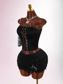 Amplova Women's Solid Color Eyelet Tie Design Bandeau Top And Fluffy Bodycon Skirt Sexy Fashion 2 Pieces Set - Black - View 2