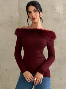 Firerie Sweater Pullover Kerah Bulu Wanita Biasa - Coffee Brown - View 7
