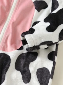 SHEIN 嬰兒男孩/女孩秋冬款卡通牛花紋連帽長袖連身褲，百搭舒適 - 彩色 - 查看 6