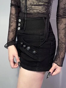FRIFUL شورتات جينز نسائية مثيرة بأزرار موضة - الأسود - مشاهدة 5