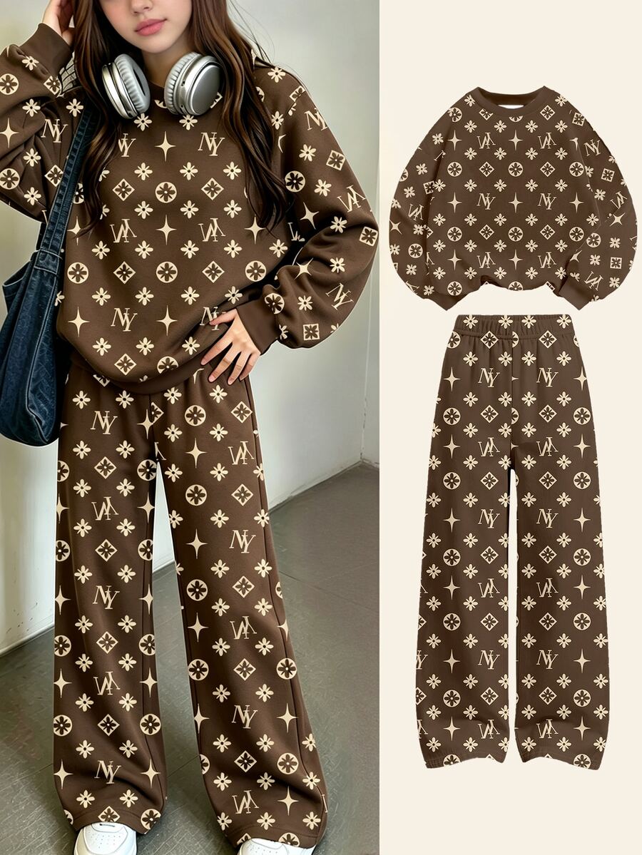 女童時尚高級棕色拼色 NY Logo 圖案圓領運動衫與寬腿褲套裝,2026 秋冬 - 彩色 - 查看 1