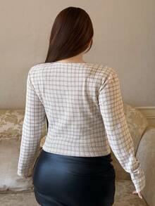 Dazy Plus Plus Size Women's Plaid Square Neck Long Sleeve Blouse For Party And Back To School - Apricot - View 2
