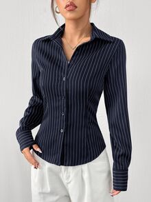 SHEIN EZwear 大尺碼女款條紋休閒日常穿著襯衫 - 藏蓝色 - 查看 3