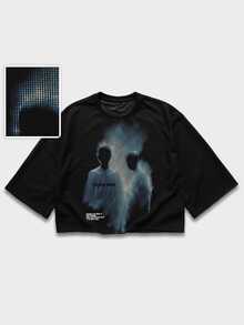 ROMWE MEN Street Life Men's Plus Size Slogan & Character Print Crew Neck Short Sleeve Casual T-Shirt - Black - View 8