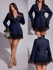 Viva Relle Blazer Elegan Wanita Ukuran Plus dengan Kerah Berenda Kontras - Navy Blue - View 7