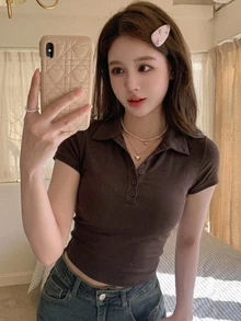DAZY 女款領口短袖修身性感休閒套頭街頭風T恤 - 咖啡棕 - 查看 7