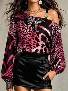 Linhara CURVE Plus Size Asymmetrical Neck Long Sleeve Heart Pattern Print Casual Blouse One Shoulder Top - Burgundy - View 3