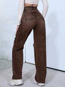 SHEIN ICON 女款高腰口袋破洞休閒喇叭牛仔褲 - 鏽棕色 - 查看 4