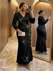 SHEIN Lady CURVE Plus Size Elegant Elegant Ruffle Decor Long Sleeve Dress - Black - View 2