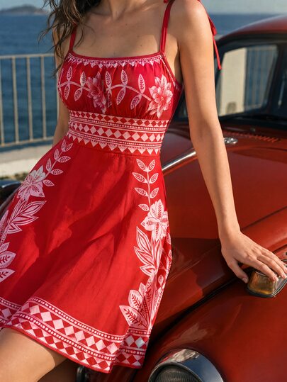 CAJUNI Vestido mini de tirantes casual de verano con estampado floral para uso diario para mujer